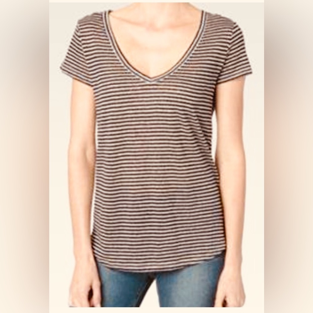 Paige Striped V-Neck Tee Tan and Black Linen Blend